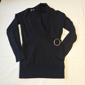 Guess Black V- Neck Sweater with Ring Accent